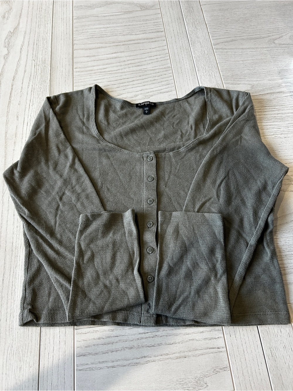 Express Olive Button-Front Long Sleeve Scoop Neck Top